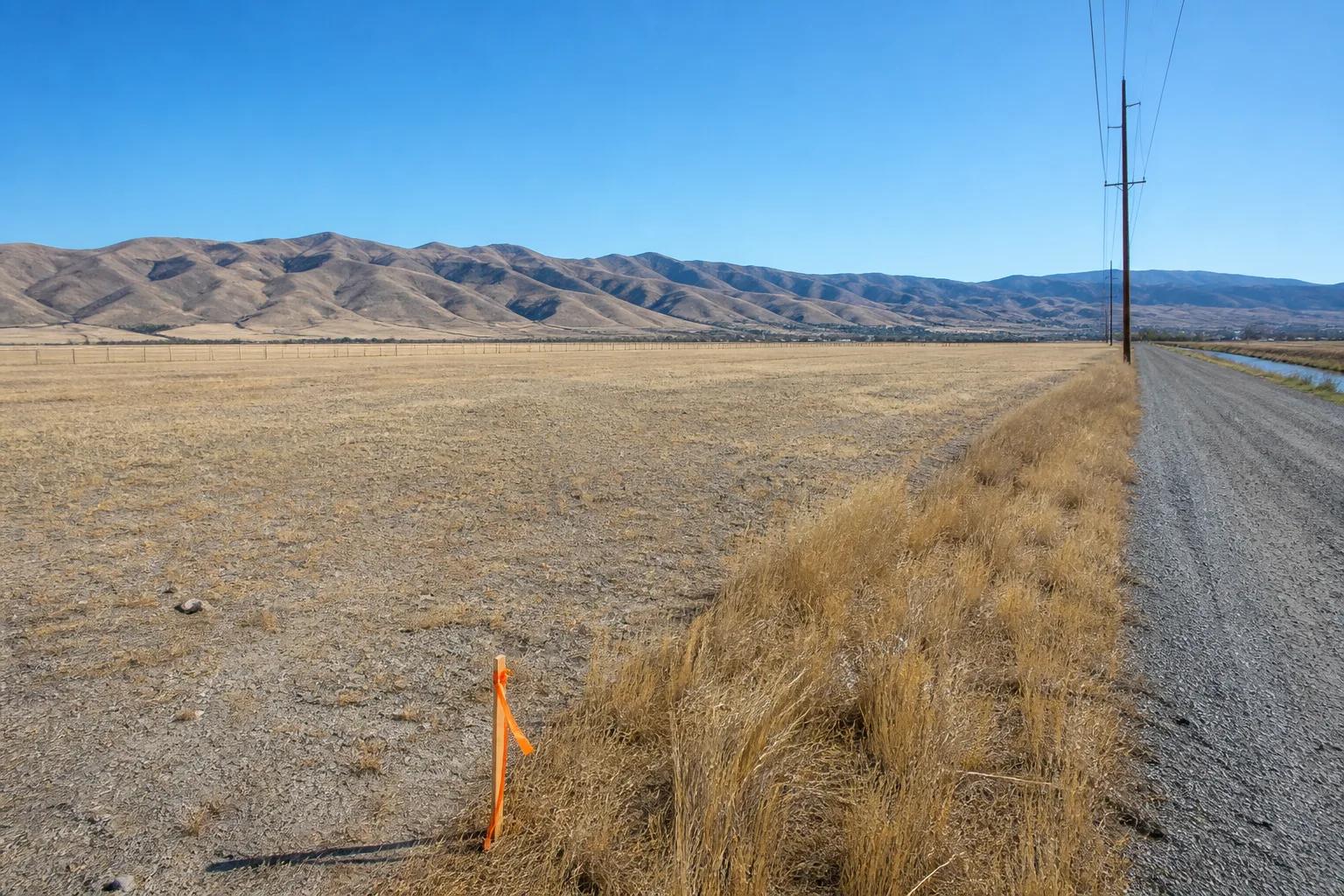 Vacant buildable lot on the Treasure Valley floor with a survey stake, power line, and irrigation ditch