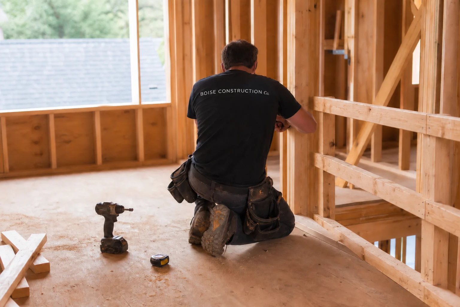 Framed house on a building site with a worker in a hard hat checking the structure